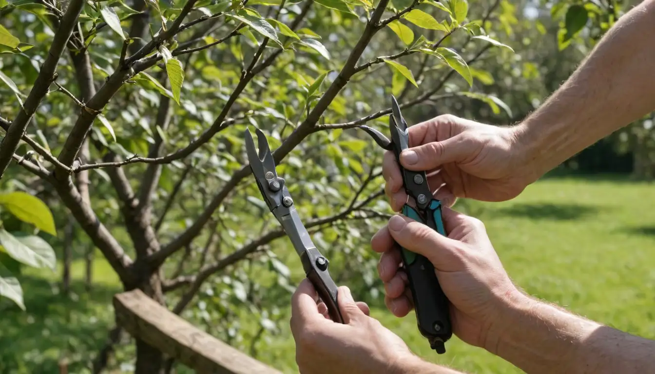 Trees with grafted branches, close-up shots of grafting techniques, hands holding pruners or grafting clips, English horticultural expert in background or foreground, garden or orchard setting, sunlight or dappled shadows
