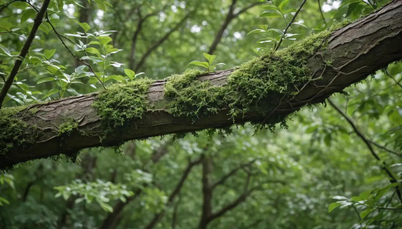 A tree branch with a thick girth, covered in foliage, with a sturdy graft union, perhaps with visible bark and leaves or twigs, surrounded by lush greenery