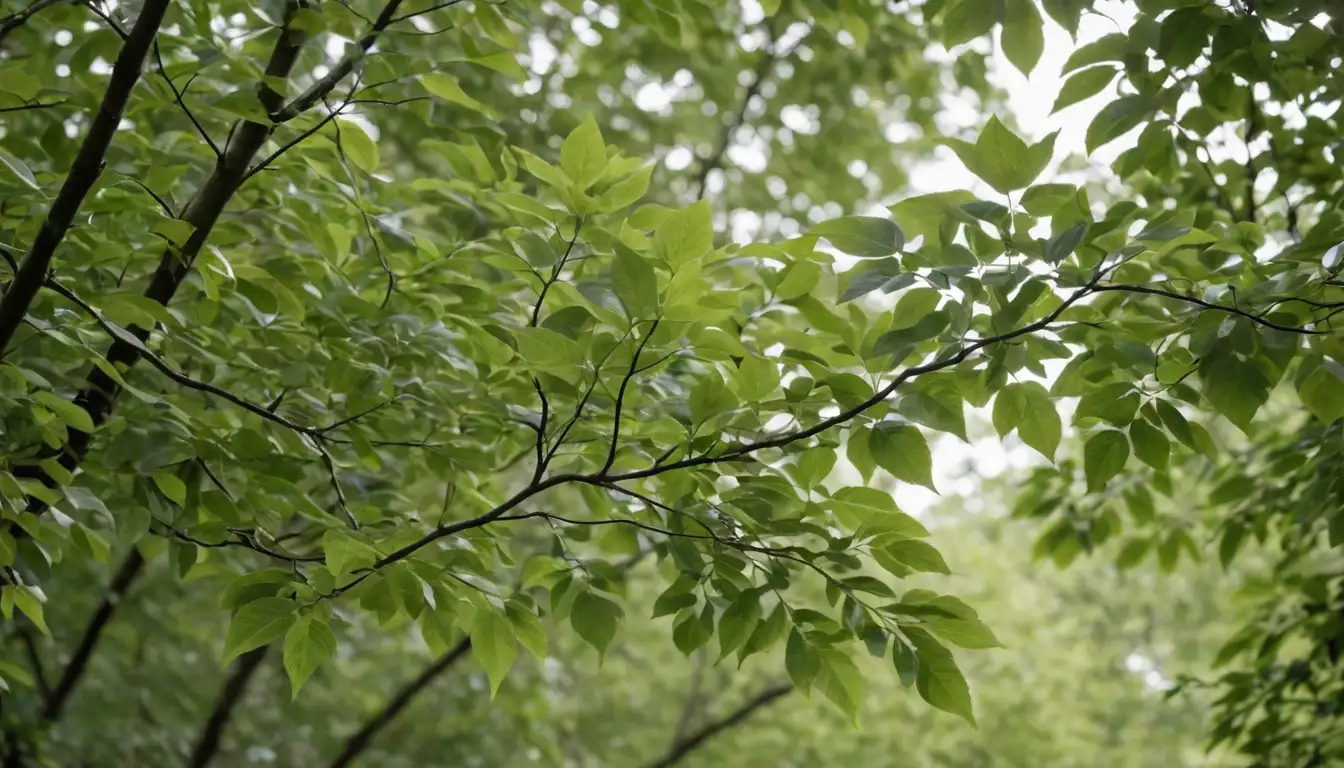 2-3 mature tree branches with varied textures and leaf shapes, gentle sunlight filtering through leaves, soft focus to highlight subtle details, serene background color with subtle gradations, calming atmosphere