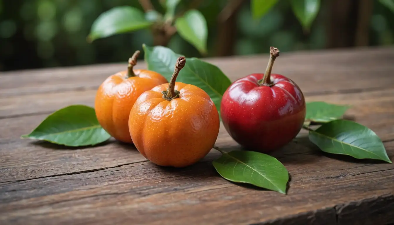 2 exotic fruits on a rustic wooden table, pitanga fruit with vibrant orange color and acerola cherry-like fruit with bright red skin, possibly surrounded by leaves or vines, natural light from side, slight shadows and highlights, warm brown tones, simple background to emphasize the fruits