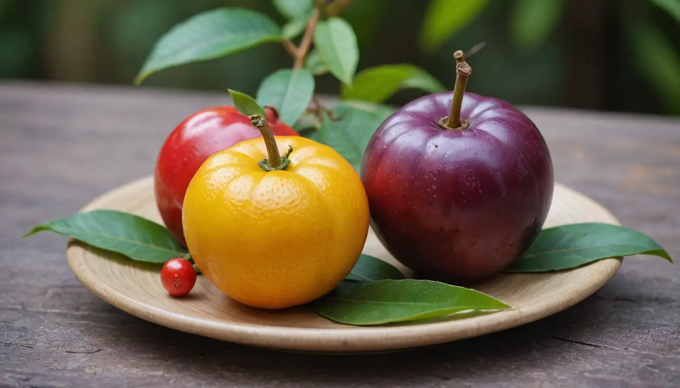 2 vibrant colorful fruits with leaves and stems, one bright yellow-orange (Pitanga) and one deep red-purple (Acerola), possibly on a natural background or a plate