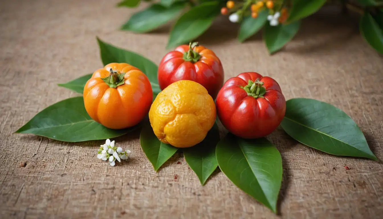 2 exotic fruits, pitangas and acerolas, side-by-side on a natural texture background, bright colors, vibrant yellow-orange pitanga with green leaves, small red acerola with white flowers