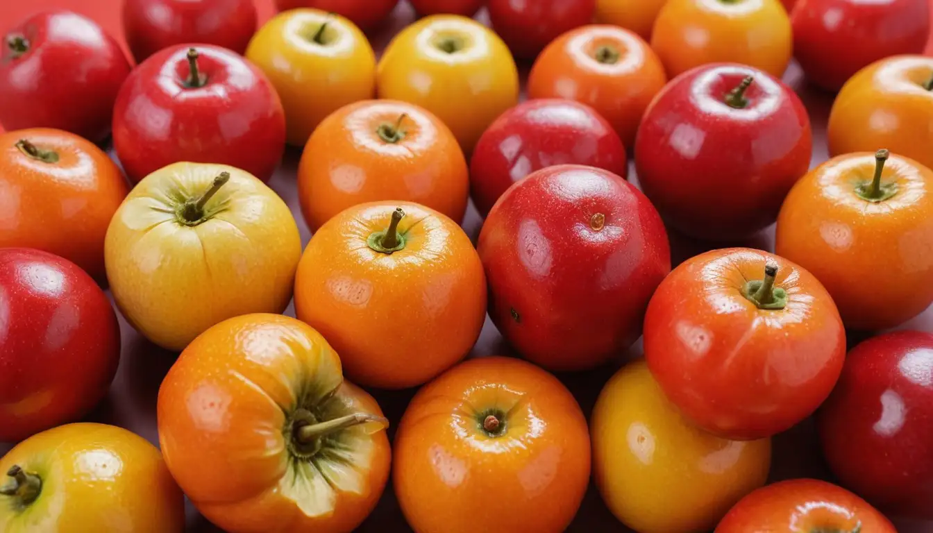 2 types of exotic fruits with vibrant colors, acerola cherry fruit with bright red skin and white pulp, pitanga fruit with yellow-orange flesh, arrangement in a single row or overlapping, colorful background, no shadows