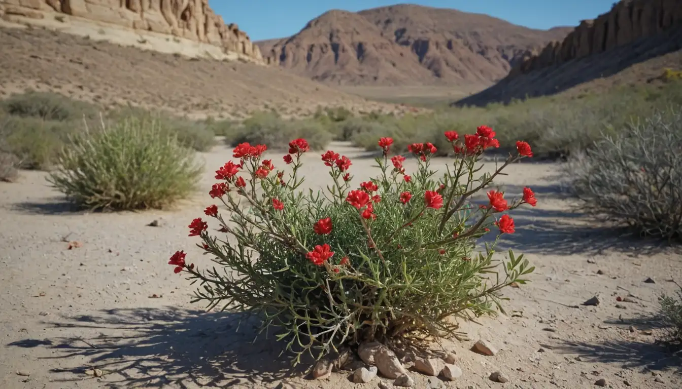3 desert shrubs with spineless stems, vibrant red flowers, long thin branches, yellowish-green leaves, sandy soil background, dry rocky outcrops, and blue sky