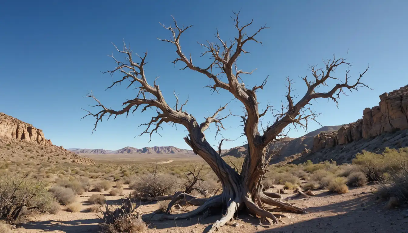A large, twisted tree with spindly branches, a rugged trunk, and clusters of thorny leaves, growing in a desert landscape with rocky outcroppings, dry vegetation, and clear blue sky