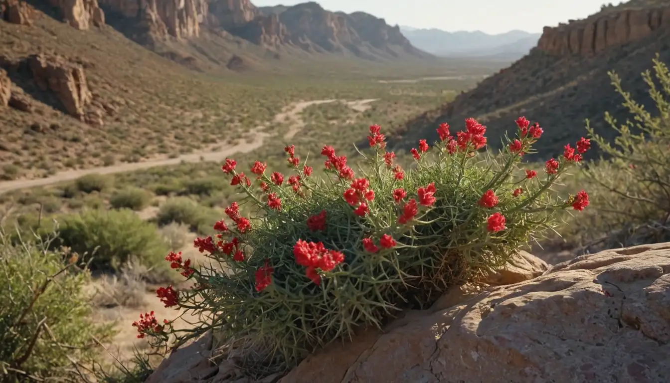 Prickly stems with clusters of red flowers, dry woody branches against desert landscape, rocky outcropping background, sunlit shadows, lush green foliage surrounding, desert wildlife presence, rugged terrain