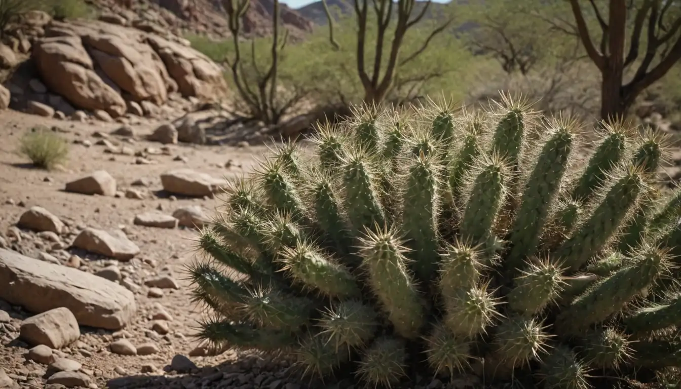 Prickly branches, thorny stems, leafy tips, woody base, desert landscape, rocky terrain, cactus-like silhouette, green leaves, brown trunk, dry earth