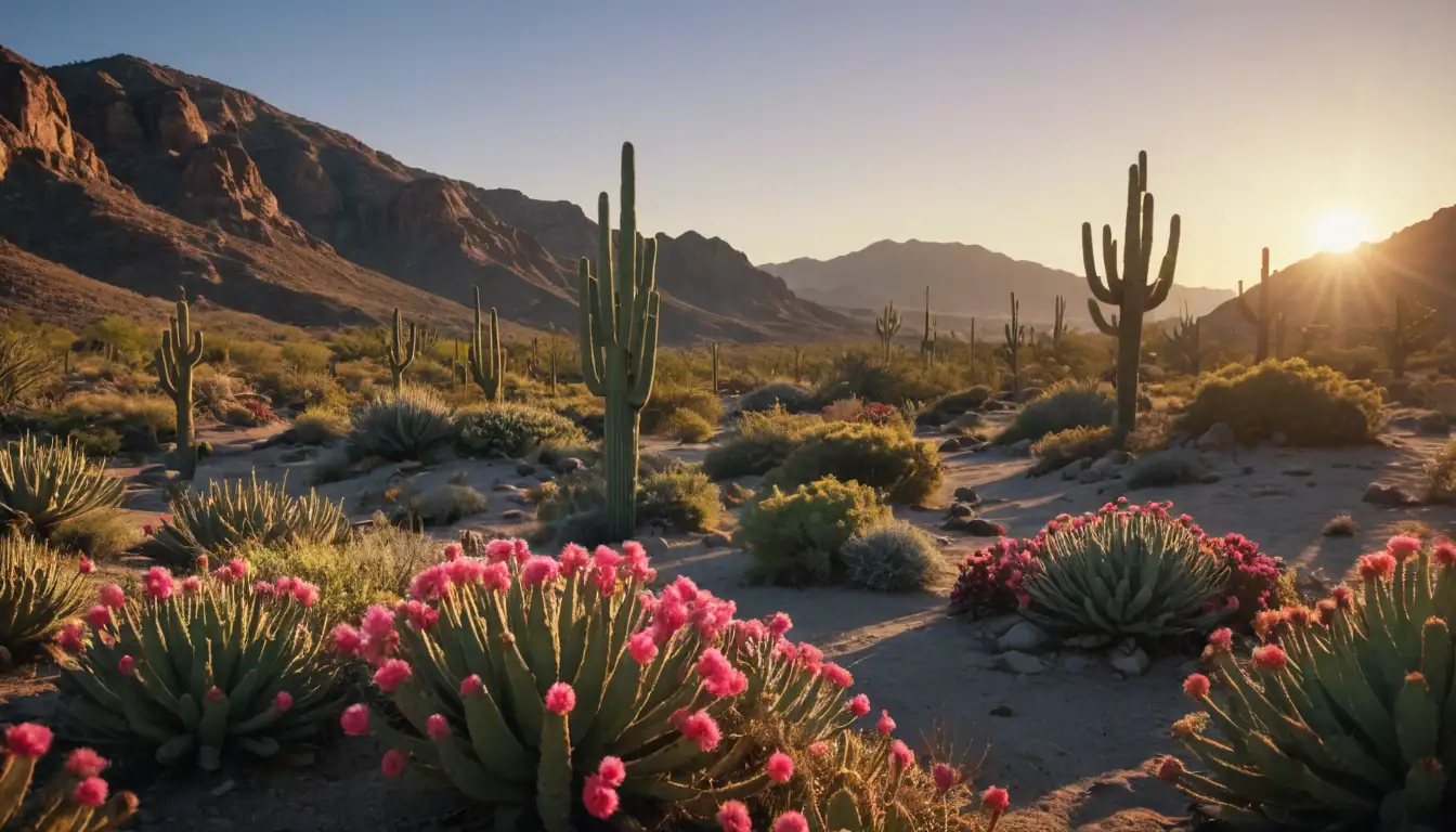 3D illustration, desert landscape, cacti plants with colorful flowers, sunny sky, warm lighting, soft shadows, greenery, rocky terrain, evening or nighttime scene, serene atmosphere