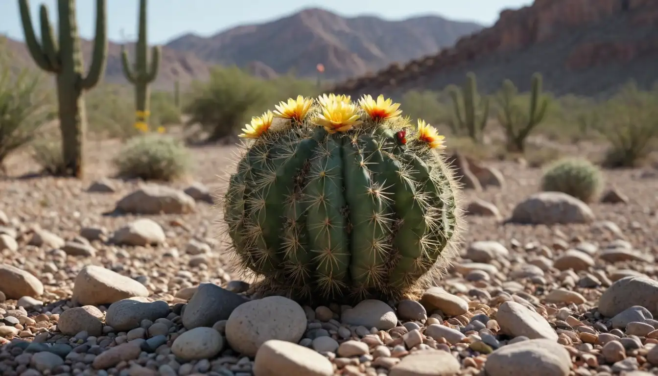 A healthy cactus with vibrant flowers, a few insects flying around it, a blurred background with desert landscape, a few leaves scattered on the ground, and some decorative stones or pebbles surrounding the plant