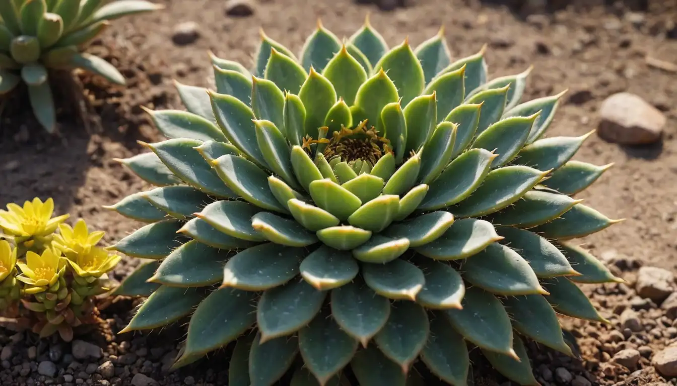 3D illustration of a thriving succulent cactus with green spines and yellow flowers, surrounded by healthy soil and tiny insects, in front of a sunny background with subtle texture, all in vivid colors, conveying warmth and vitality