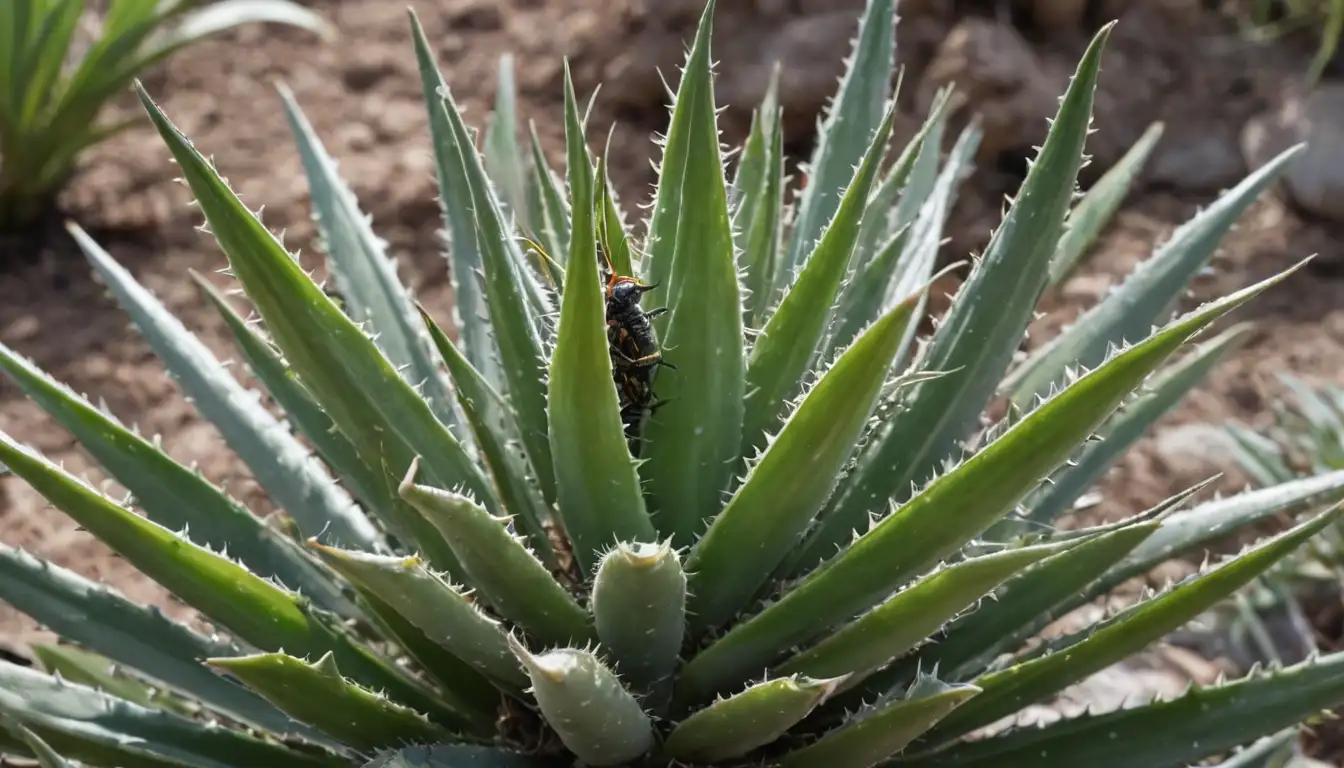 aloes with burnt or curled leaves, fungal growths, aphids crawling on leaves, spider mites webbing stems and leaves, mealybugs clustering on stems, scale insects armored shells, ants tending eggs on aphid colonies, whiteflies fluttering around plants