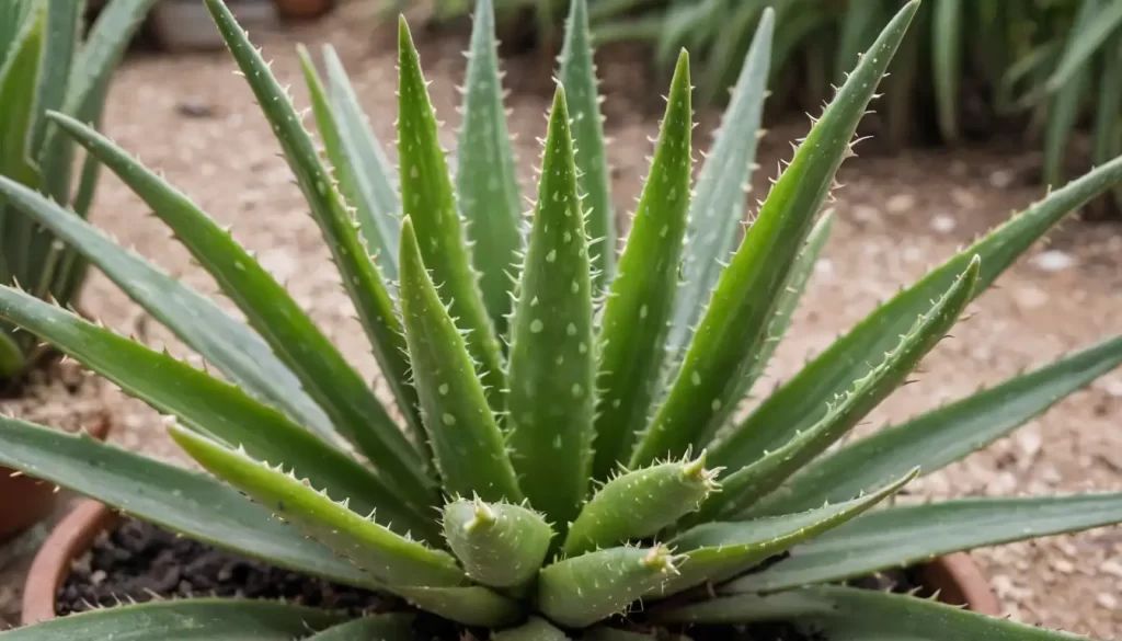 1 green aloe vera plant with 3-4 common pests or diseases (eg spider mites