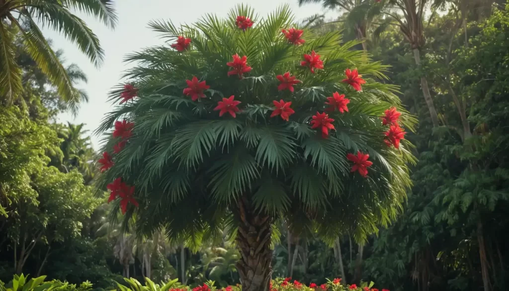 A majestic queen palm tree (Aralia Elata) stands tall