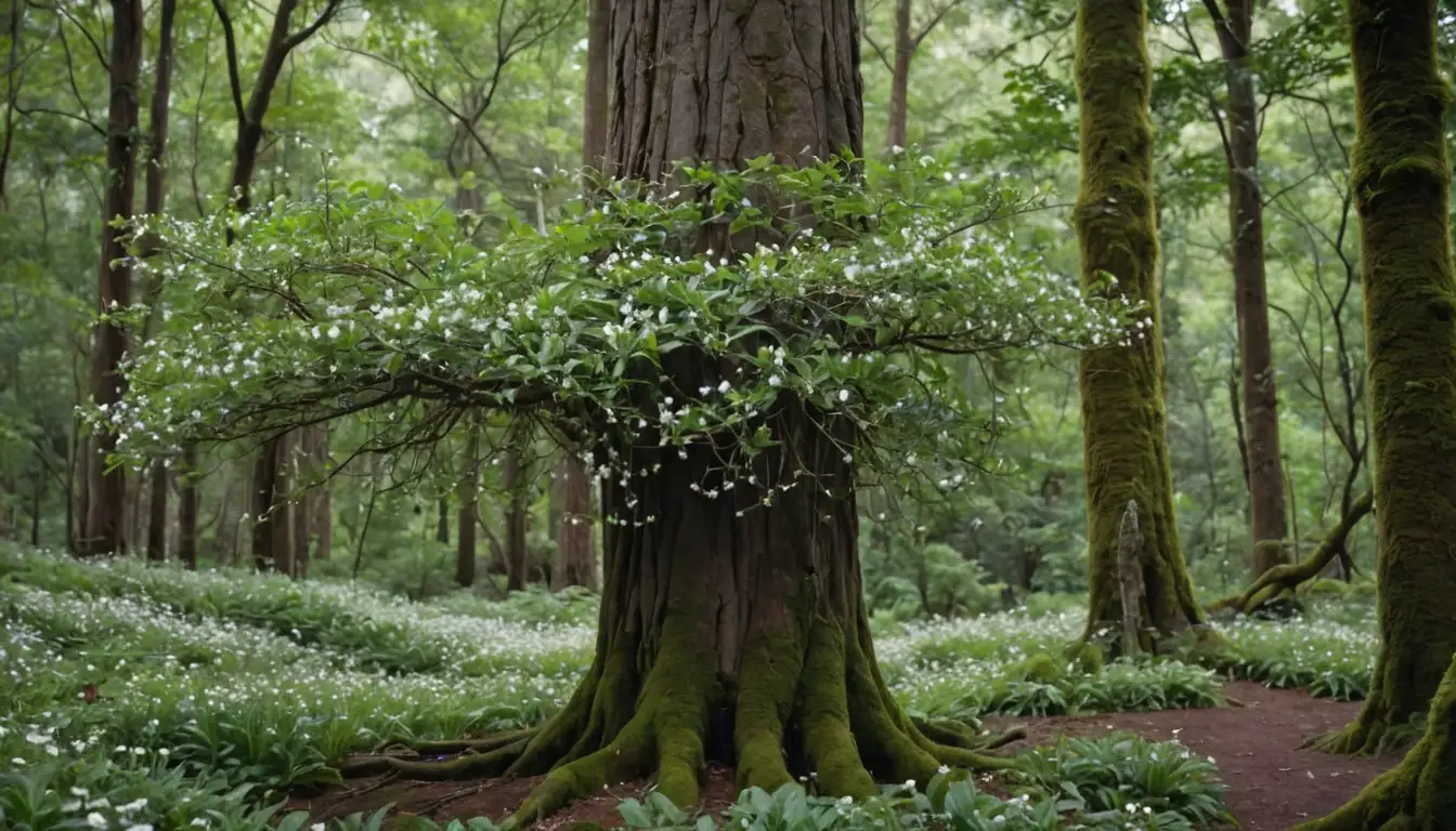 1 large tree with 6-8 long stems, thick green leaves, small white flowers, fruit pods hanging, brownish-red bark, and a lush forest background, perhaps with rocks or moss around the base