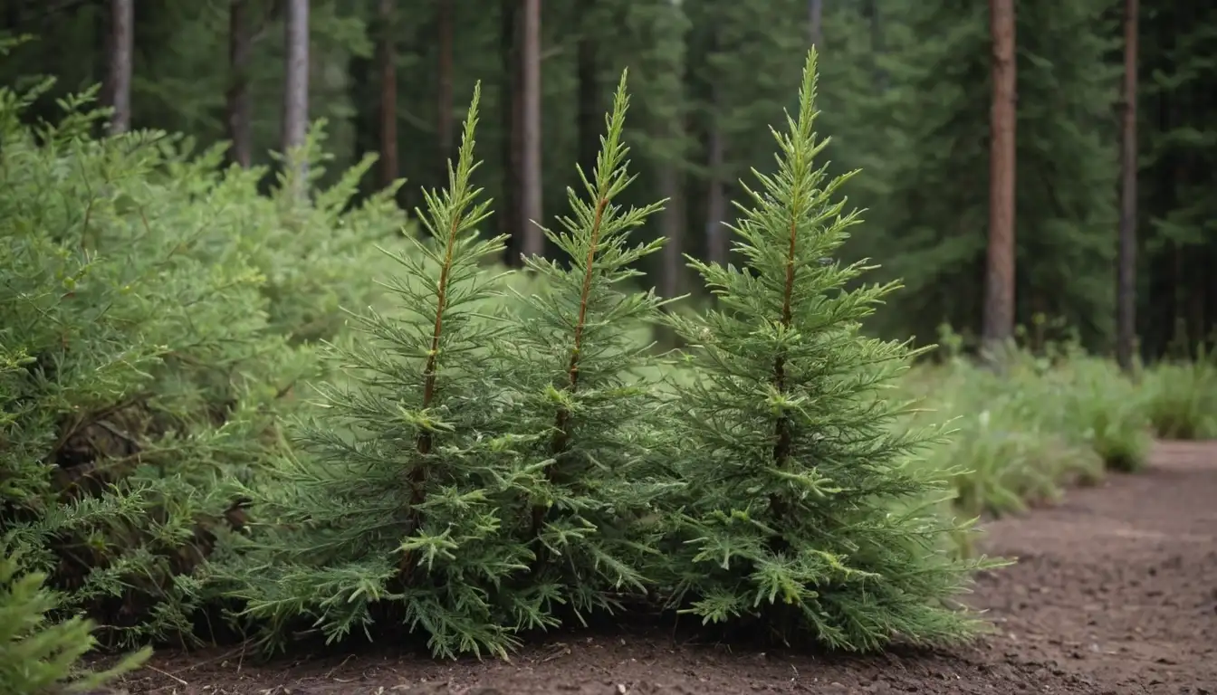 2 conifers with differing needle lengths, one with shorter needles in rich soil, other with longer needles in dry soil, surrounded by lush foliage and subtle background landscape