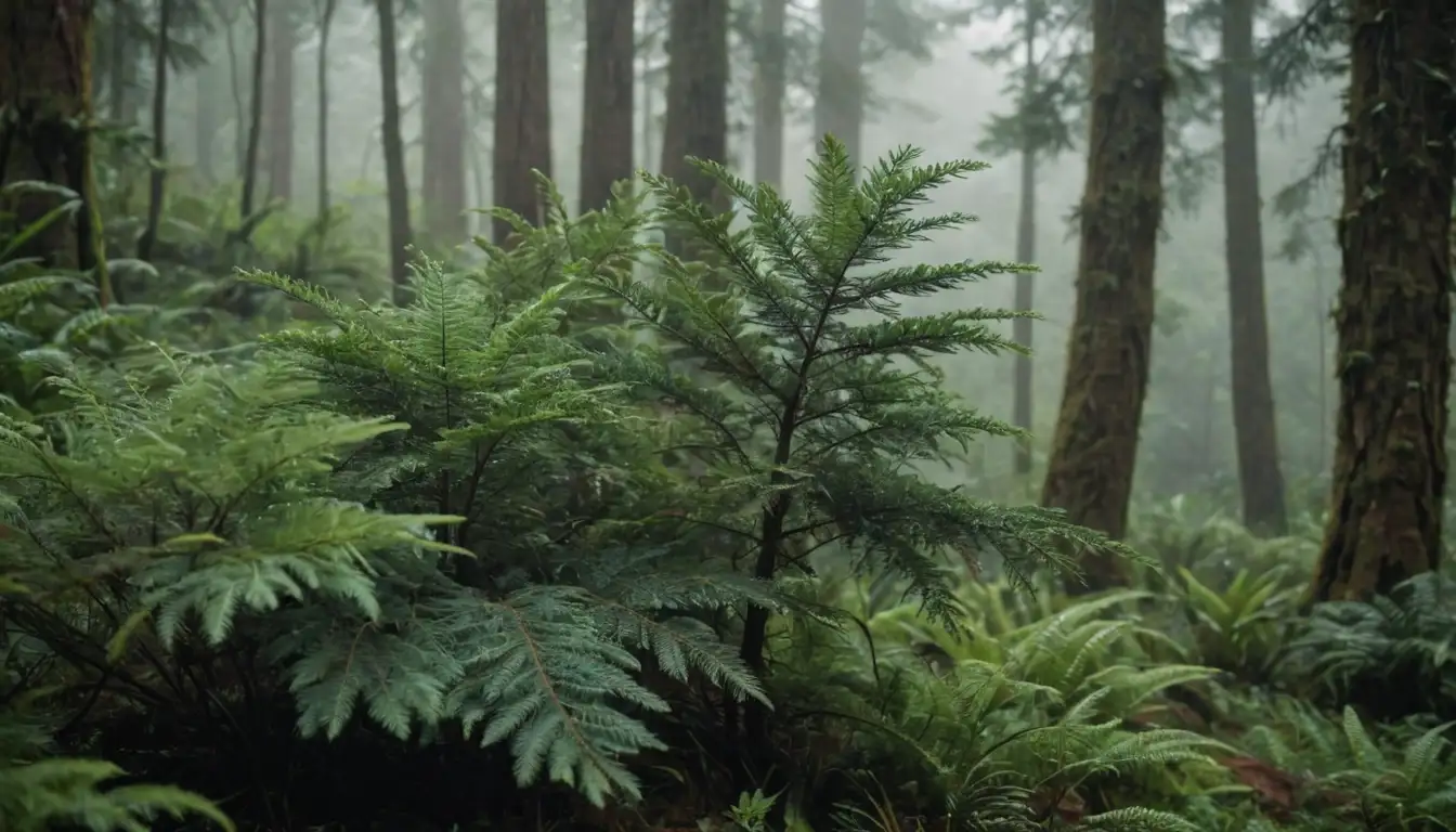 2 coniferous trees, one with flat leaves and another with curved ones, standing amidst lush greenery, perhaps on a tropical island or forest floor, with a hint of misty atmosphere, showcasing their unique characteristics, possibly with some close-ups on the leaves shapes and textures