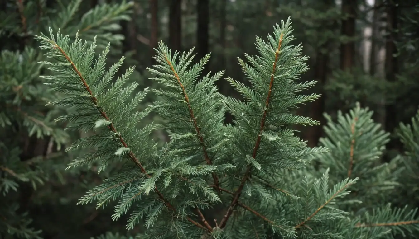 2 conifers with distinct shapes and sizes, one with curved branches and whorled needles, the other with upright stems and linear leaves