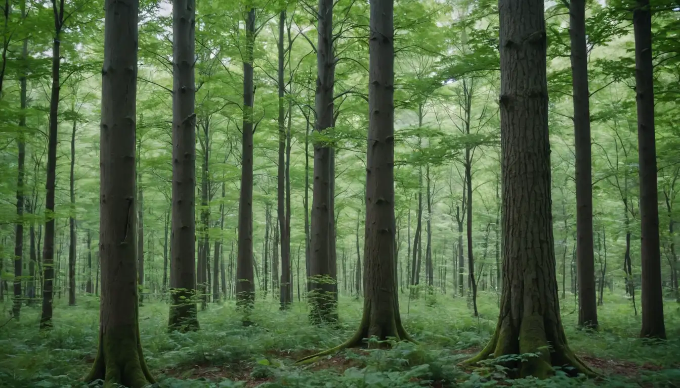2 trees, one small, one tall, with distinct leaves, similar trunks, different crowns, forest background, greenery surround