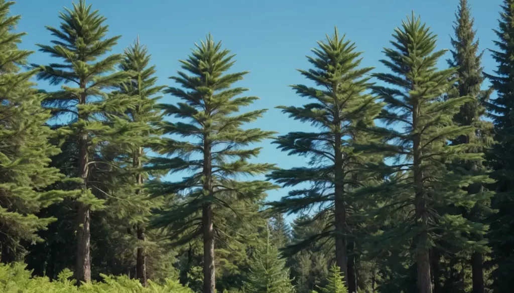 2-3 mature araucaria trees with varying leaf shapes