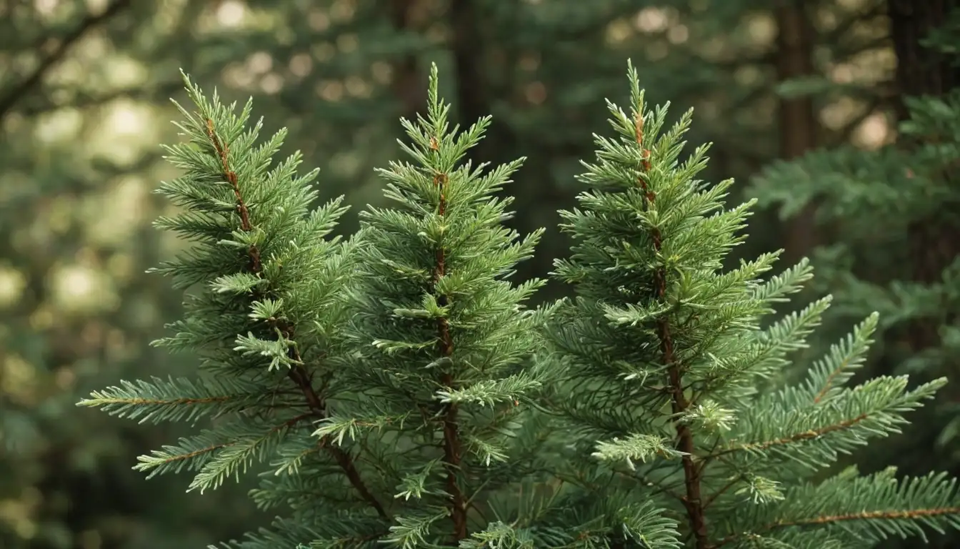 a picture of two coniferous trees with needle-like leaves, one with larger cones, against a green or brown background