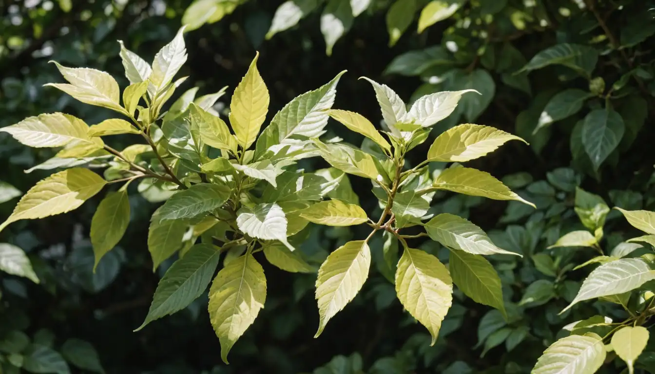 Leaves with white and yellow mottling, possibly on a bush or tree stem, surrounded by foliage, sunlight filtering through, possibly some flowers or fruits nearby