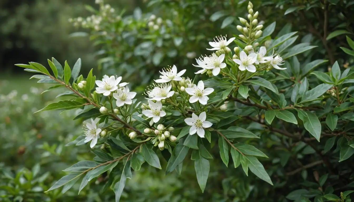Evergreen shrub with fragrant white flowers, long stems adorned with oval-shaped leaves, clusters of fruit resembling small berries, and a lush green background to highlight its growth habit