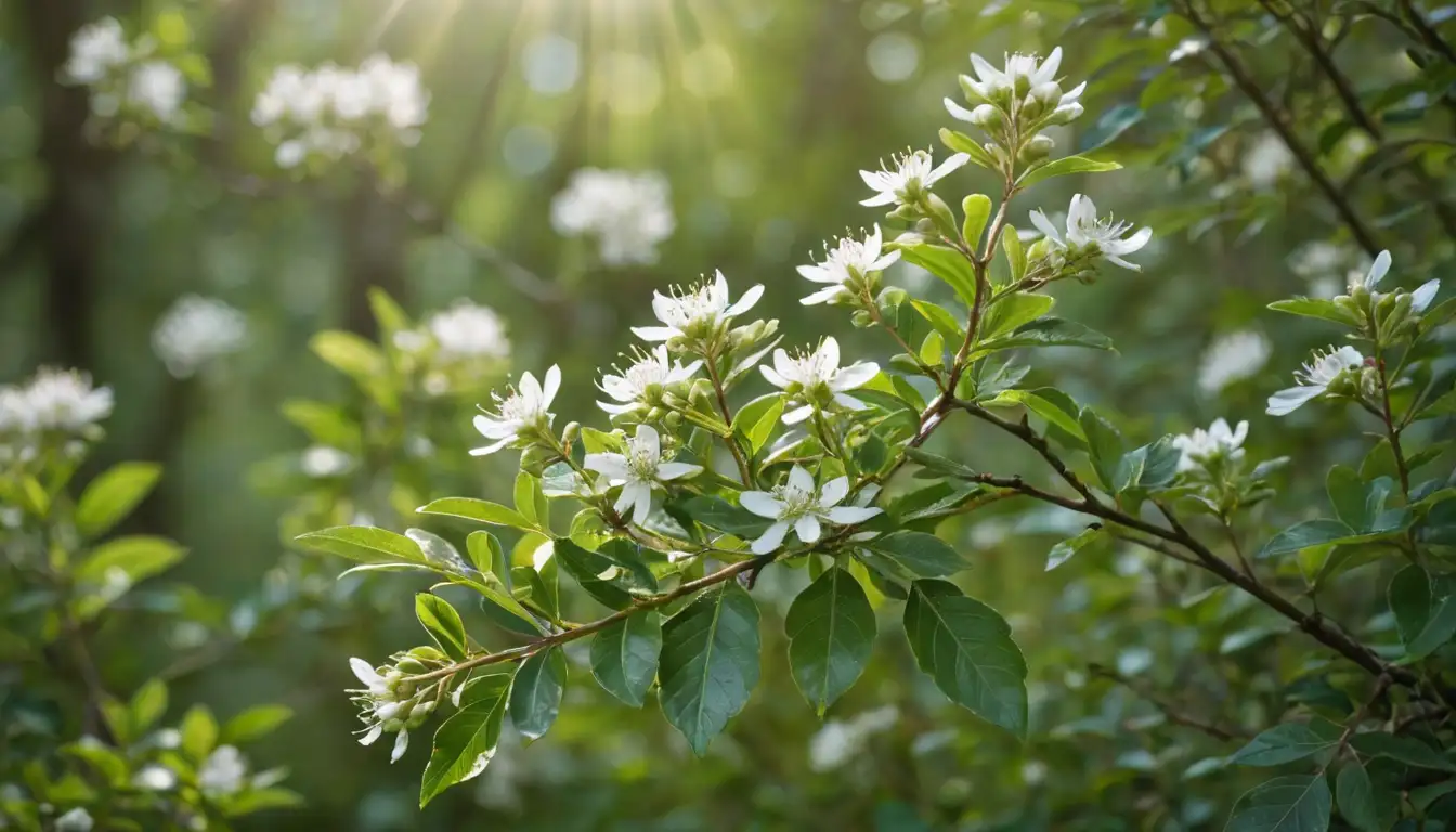 A small-leaved myrtle plant with white flowers and berries, situated in a natural setting like a meadow or forest, against a soft blue or green background, featuring sunlight filtering through leaves, and some subtle texture to give depth