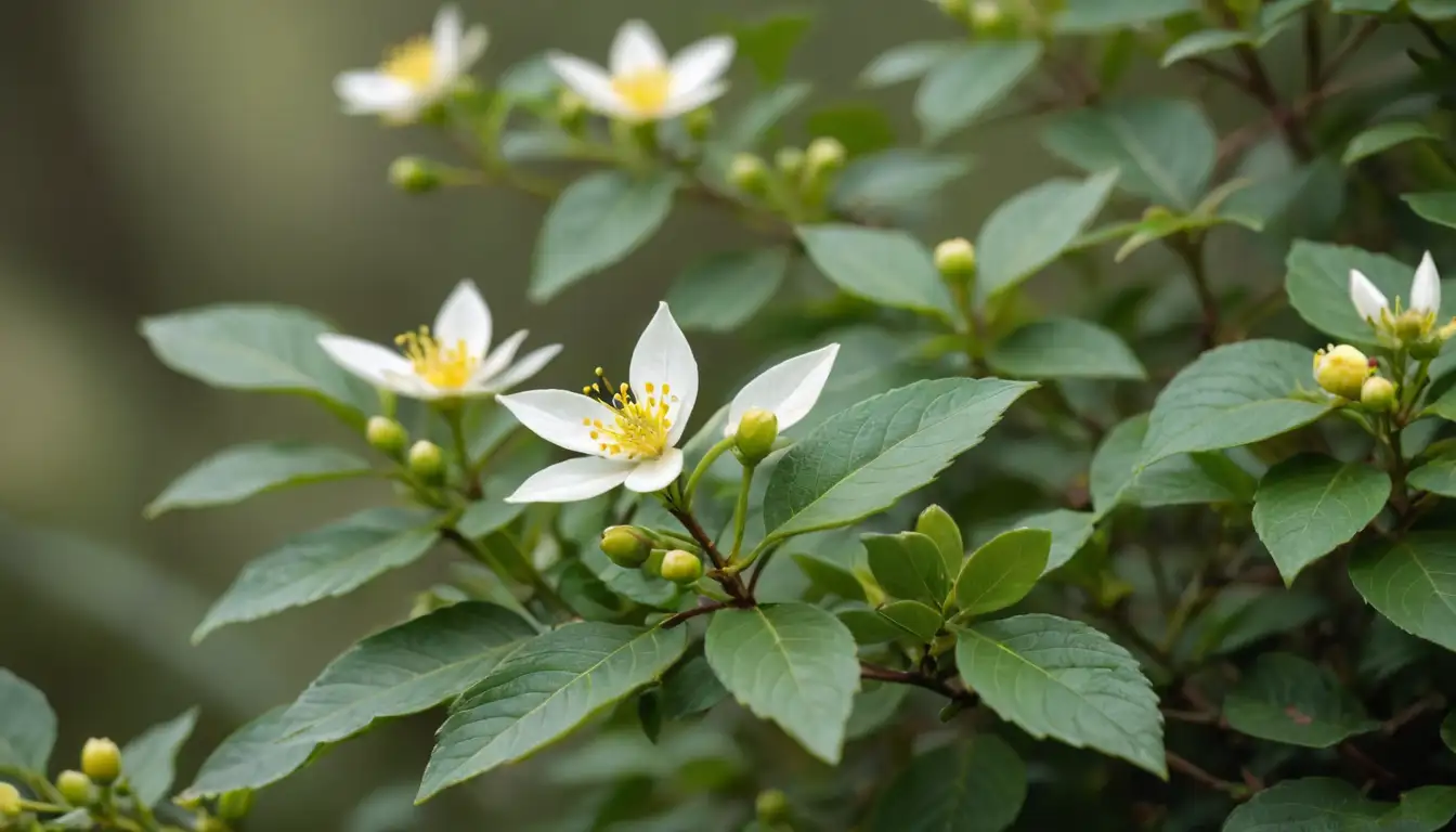 Leaves with white undersides, oval shape, pointed tips, small berries, green stems, bright yellow flowers, a sprig or two in the foreground, a blurred background suggesting foliage