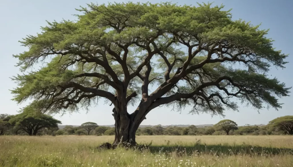 A photograph of a mature Boje Africano tree with dark green leaves and small white flowers in bloom
