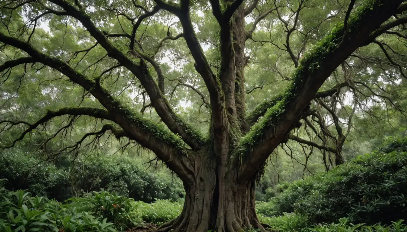 A photograph of a mature tree with a straight trunk and spreading canopy, surrounded by lush greenery, leaves with dark green topside and light yellow underside, small white flowers and orange berries, rugged bark texture, trunk base enveloped in epiphytic plants