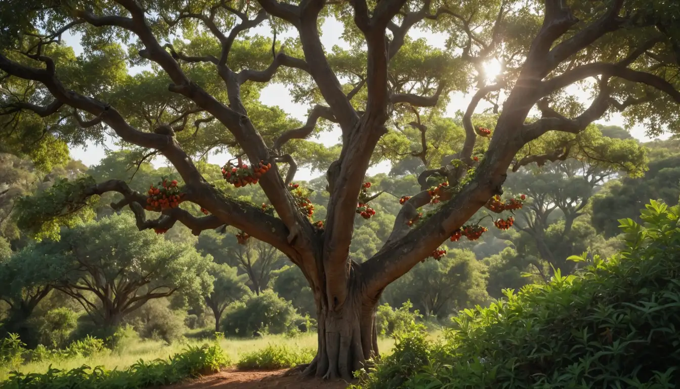 African myrsine tree, boje africano, mature with twisted trunk, dense foliage, orange-red fruit clusters, ripening on branches, leafy canopy in background, sunlit landscape, greenery surrounds