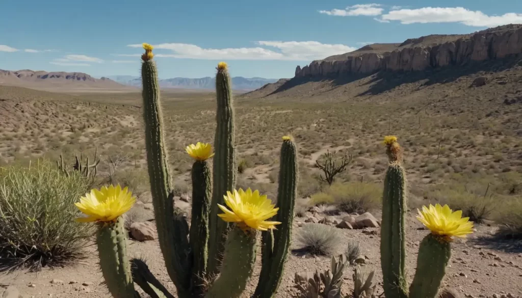 3-stemmed columnar cactus with bright yellow flowers