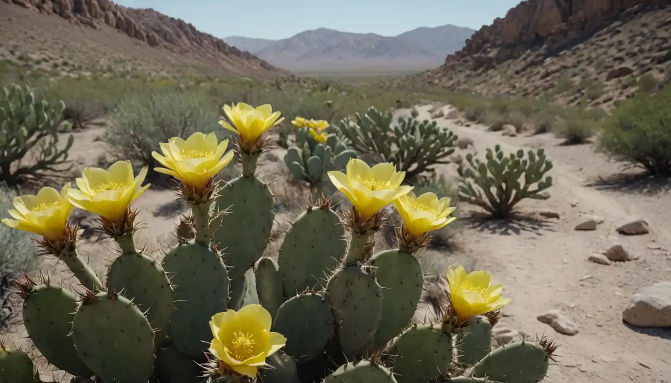 Prickly pear cactus, yellow flowers, long stems, grey-green leaves, desert landscape, dry rocks, sandy ground, rugged terrain