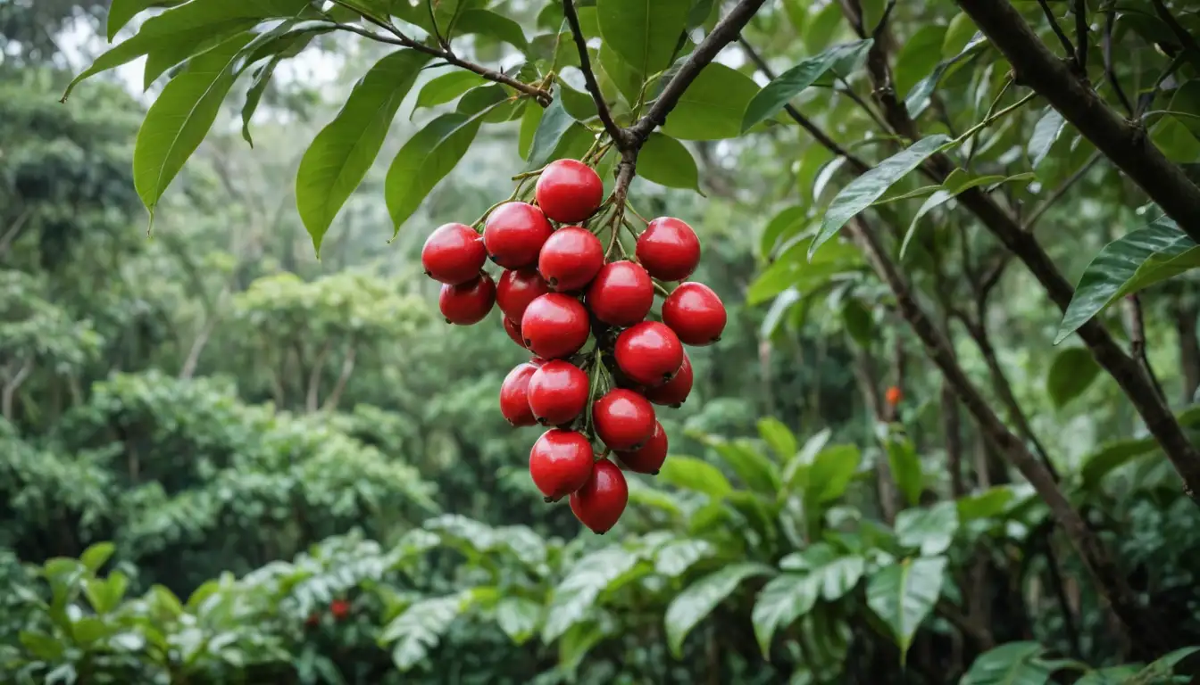 a photograph of Inga trees bright red fruit hanging from branches, surrounded by lush green leaves, with a tropical or subtropical landscape in the background