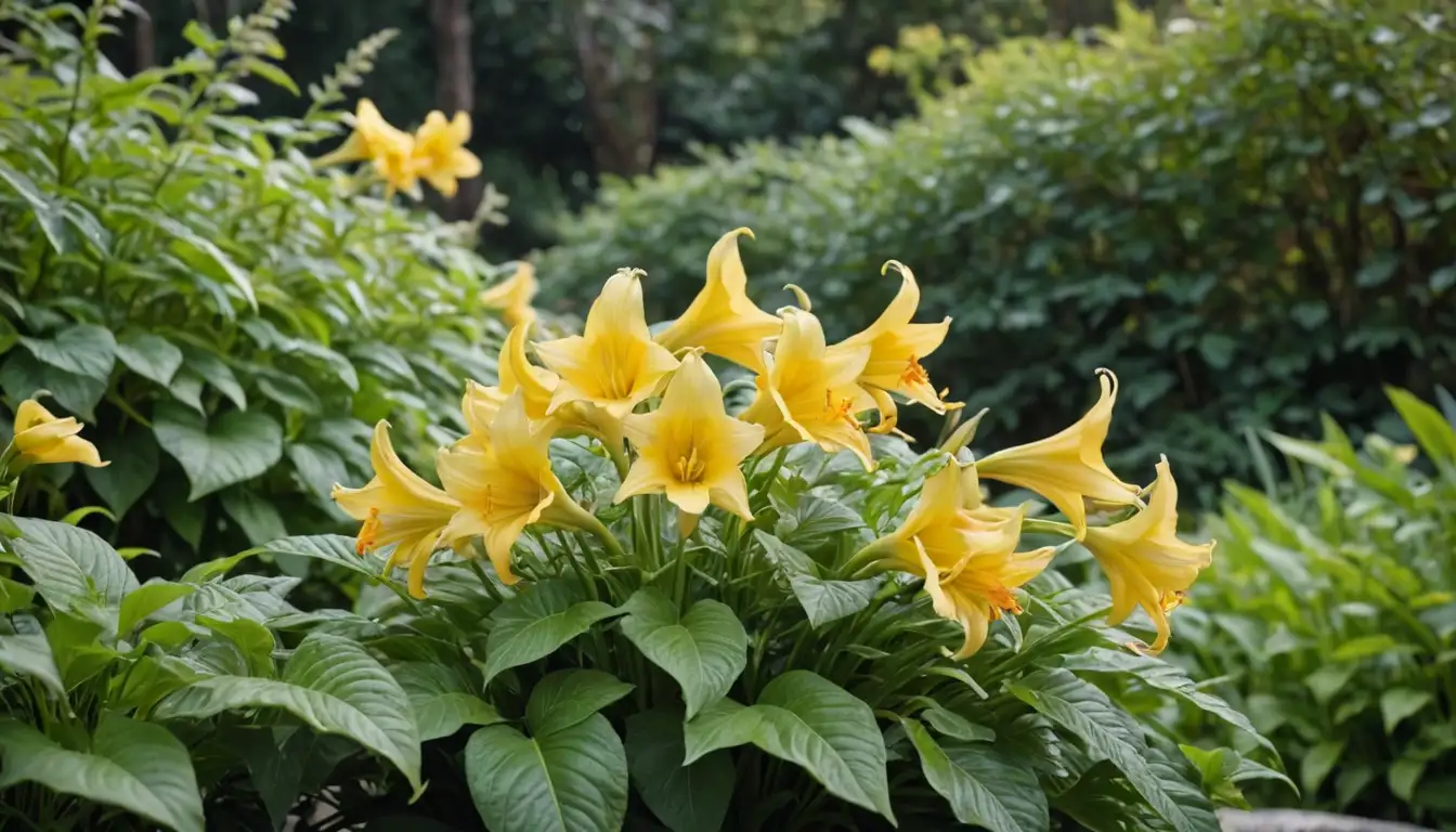 Vibrant trumpet-shaped flowers, bright yellow color, delicate petals, intricate details, lush green foliage, ornate stems, garden setting, natural surroundings, sunny day, outdoor environment