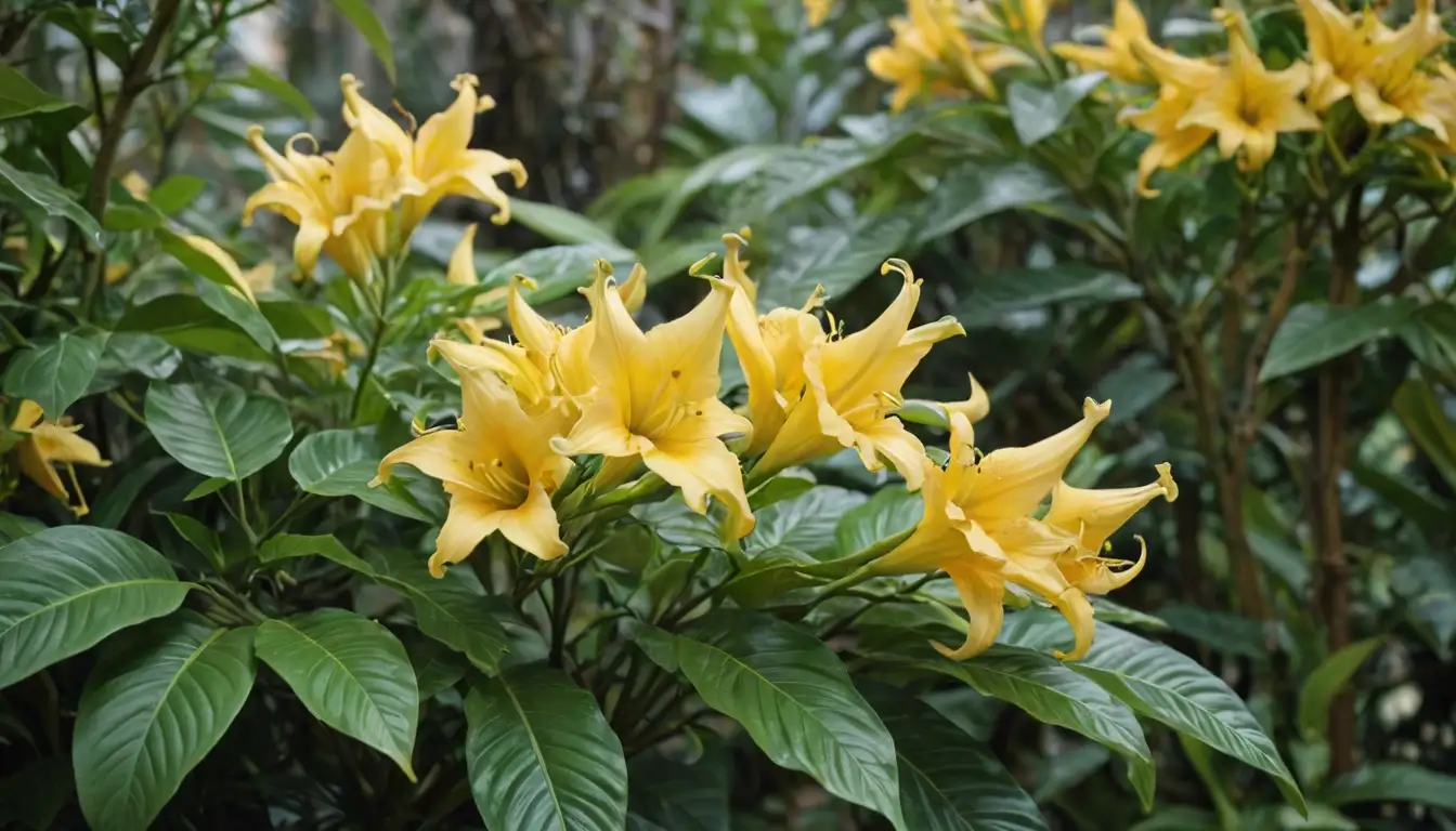 Vibrant yellow trumpet-shaped flowers, green leaves with delicate stems, ornate flower clusters, tropical foliage, intricate branching patterns, vibrant colors against a bright or muted background