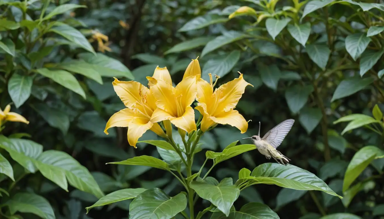 A vibrant yellow trumpet-shaped flower with delicate white stripes, set against a bright green leafy backdrop, surrounded by lush foliage and maybe some colorful butterflies or hummingbirds, capturing the beauty and playfulness of the ornamental plant Trompeta China Bignonia