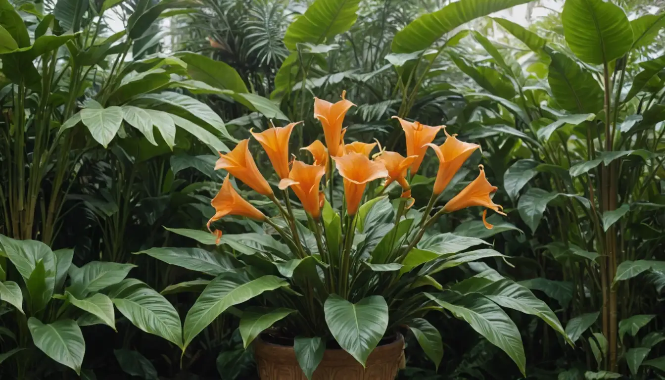 A tropical plant with trumpet-shaped flowers in shades of yellow and orange, blooming on a tall stem with large leaves, surrounded by lush greenery and possibly some decorative elements like vases or baskets