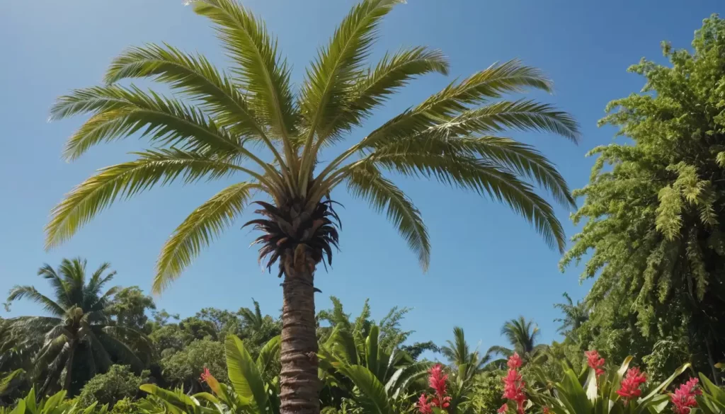 A palm tree with a distinctive fish-tail shaped trunk
