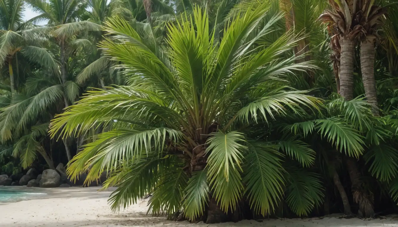 palm tree with fan-shaped leaves, long stems, ramification patterns, tropical setting, sandy beach, crystal-clear water, lush foliage, exotic plants surrounding it
