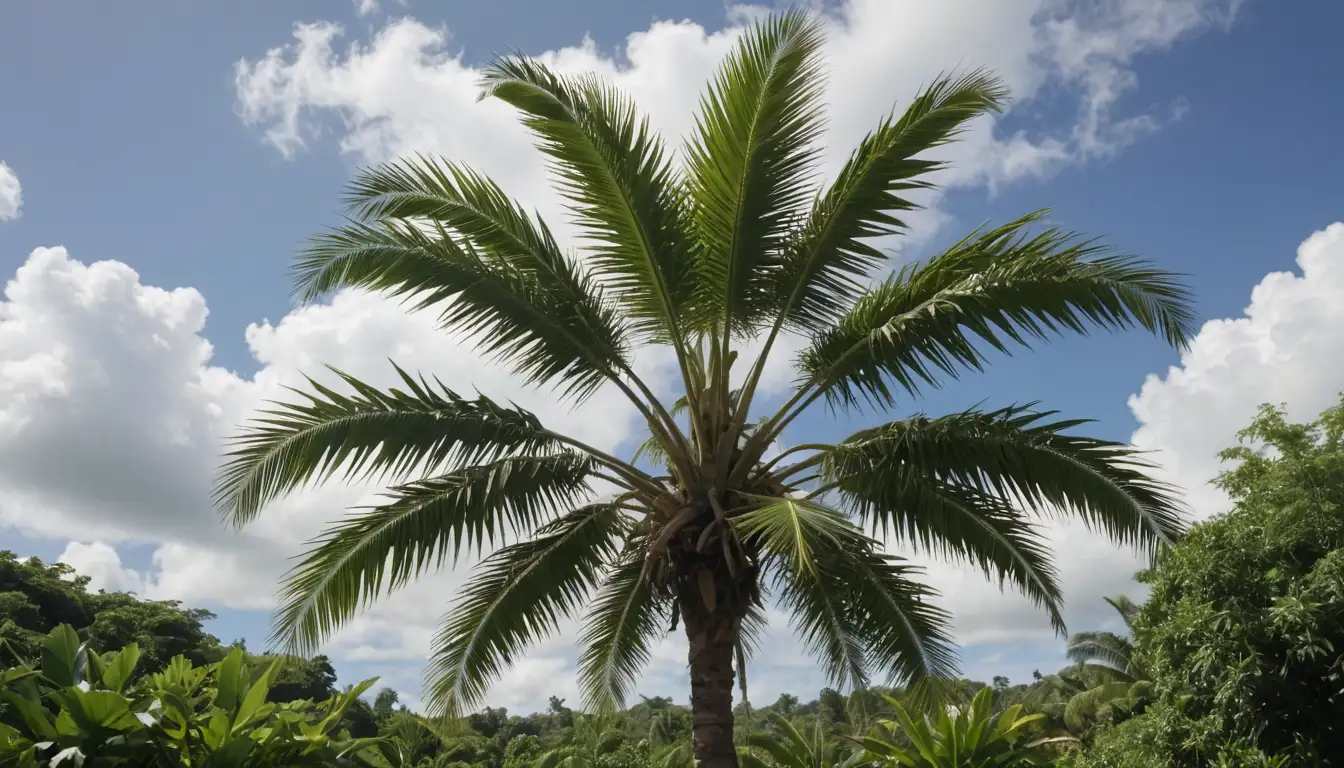A palm tree with fish-shaped trunk, branching structure, tropical leaves, sunny sky, white clouds, and lush greenery surrounding the base