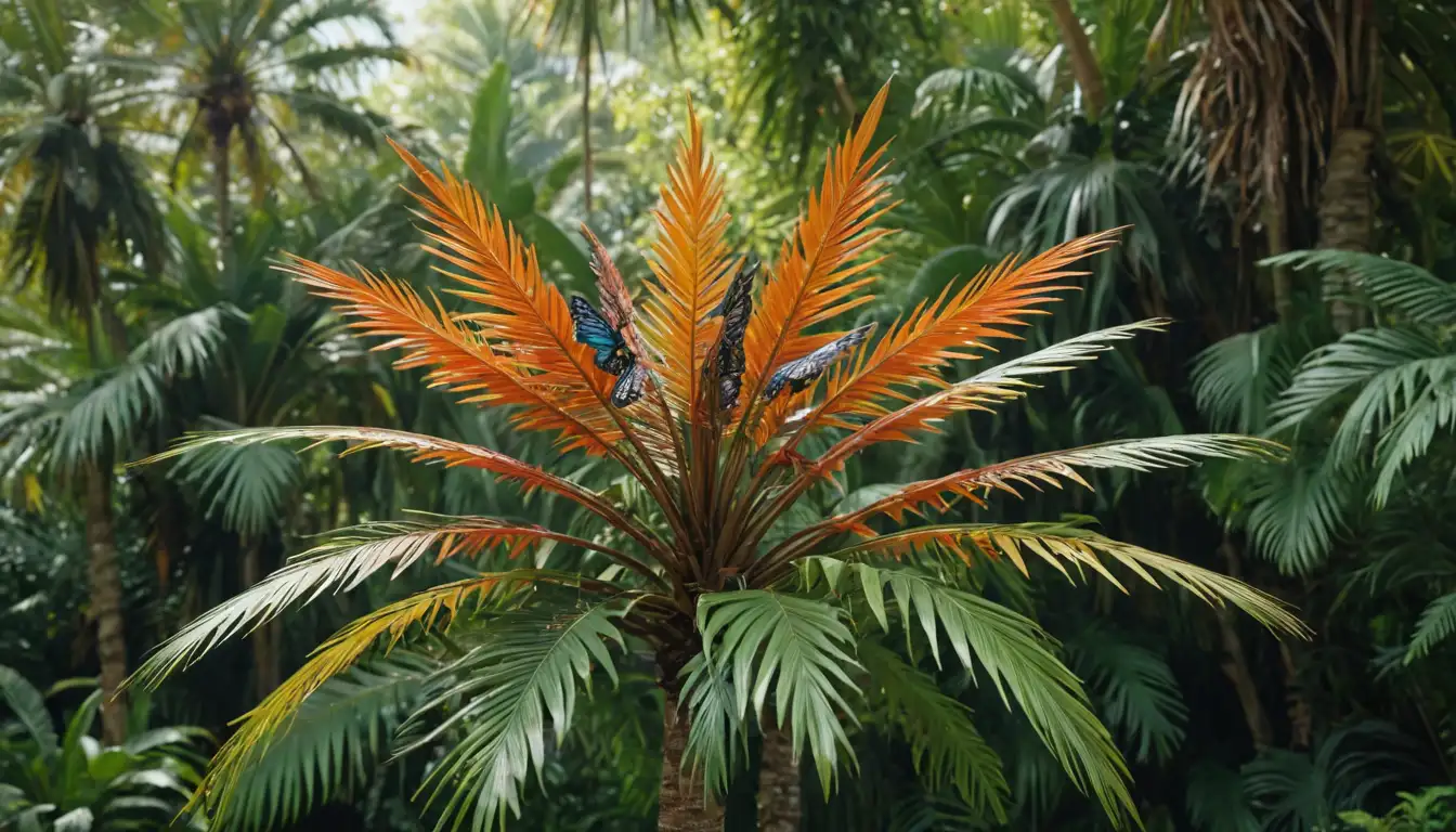 3D rendering of a Palmate palm tree with vibrant colorful patterns on leaves, intricate branching, and a lush green forest background, possibly featuring exotic butterflies or birds in flight