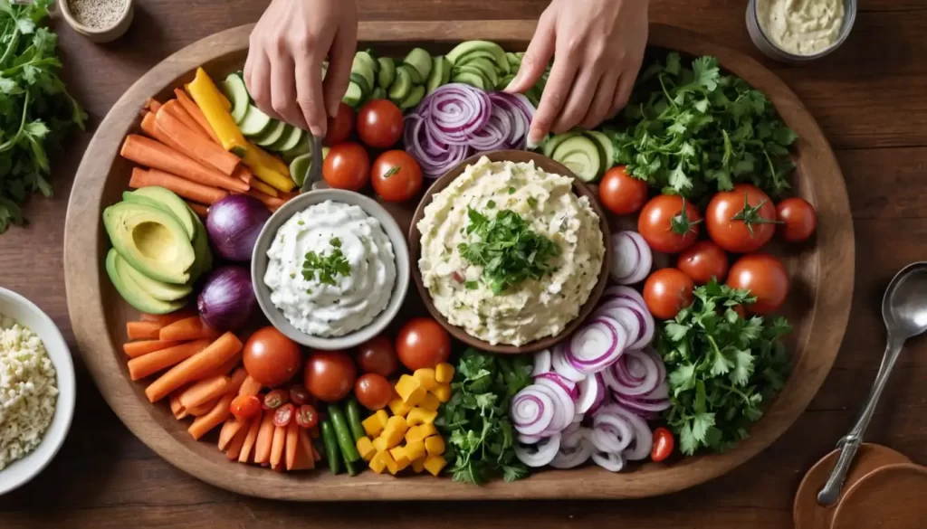A vibrant roosters crest surrounded by colorful vegetables