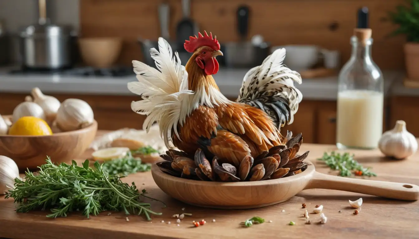 Vibrant, colorful rooster comb, wispy feathers, rustic kitchen utensils, wooden spoon, garlic cloves, fresh herbs, sunny background, kitchen counter