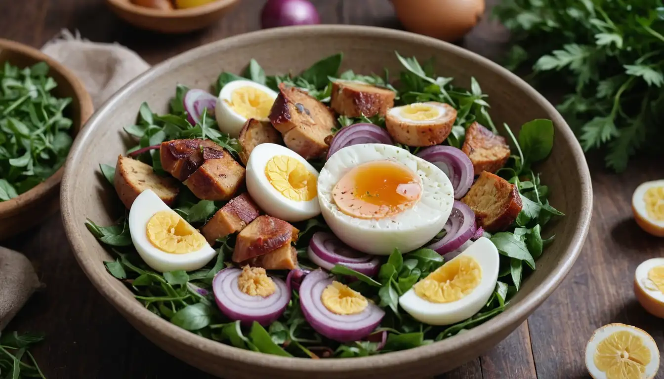 Golden pheasant crest, vibrant green leaves, soft boiled egg halves, red onion slices, croutons, and a hint of citrus in a rustic bowl, surrounded by fresh herbs