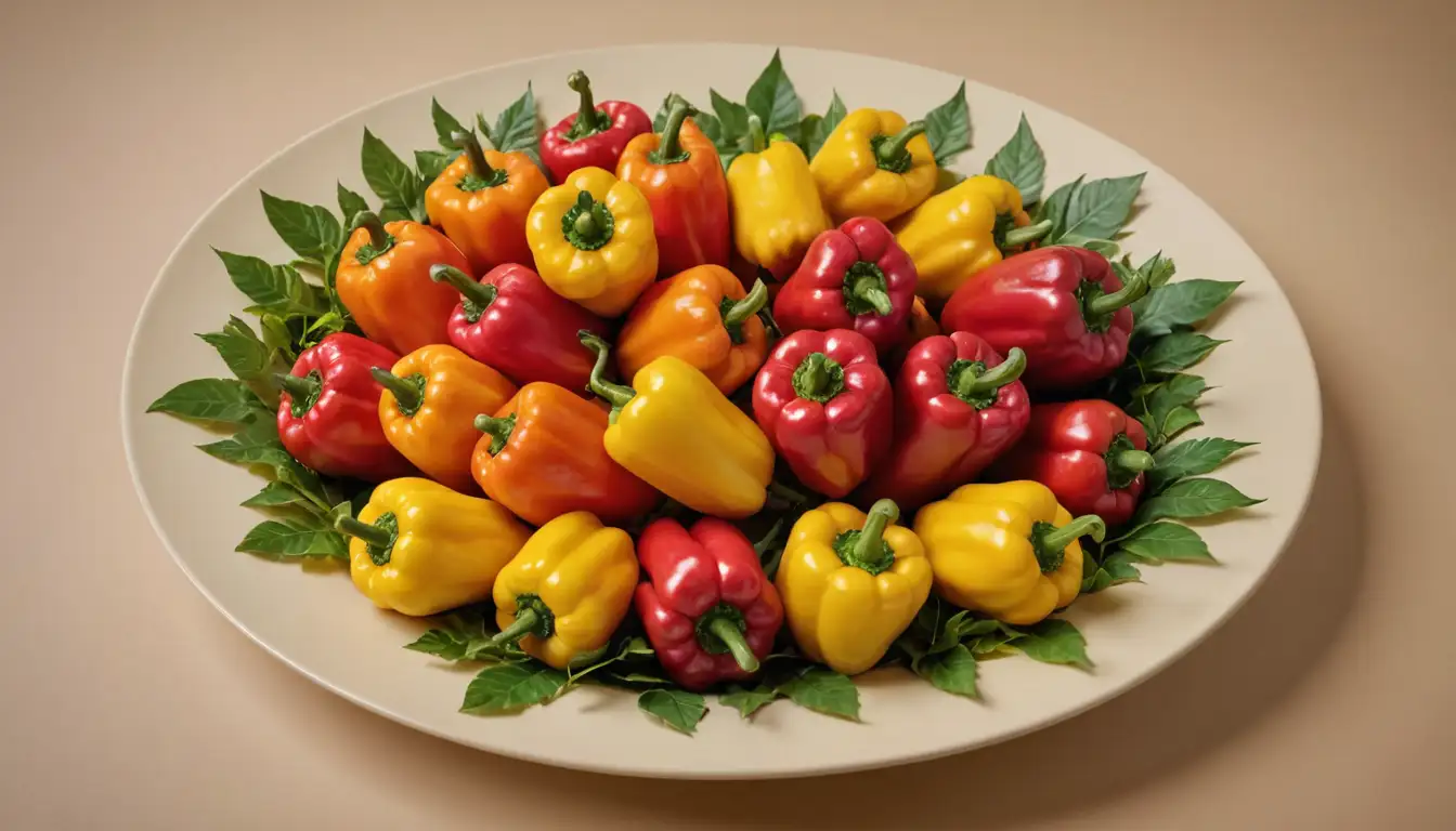 A vibrant, colorful plate filled with ornamental peppers in various shapes and sizes, surrounded by lush greenery, against a warm golden or beige background, possibly including some decorative flowers or foliage, capturing the beauty and abundance of these edible yet inedible plants