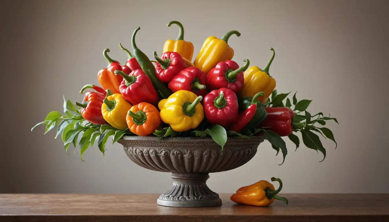 A still life composition, colorful and vibrant, featuring ornamental peppers in various shapes, sizes and colors, arranged artistically on a table or pedestal, with some stems wrapped around, highlighting their unique forms, textures and patterns
