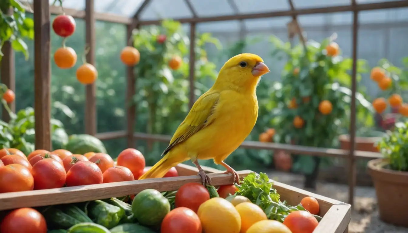 Brightly colored canary in a spacious, well-lit aviary, surrounded by fresh vegetables and fruits, with a few toys and perches for exercise and play, on a warm, sunny day