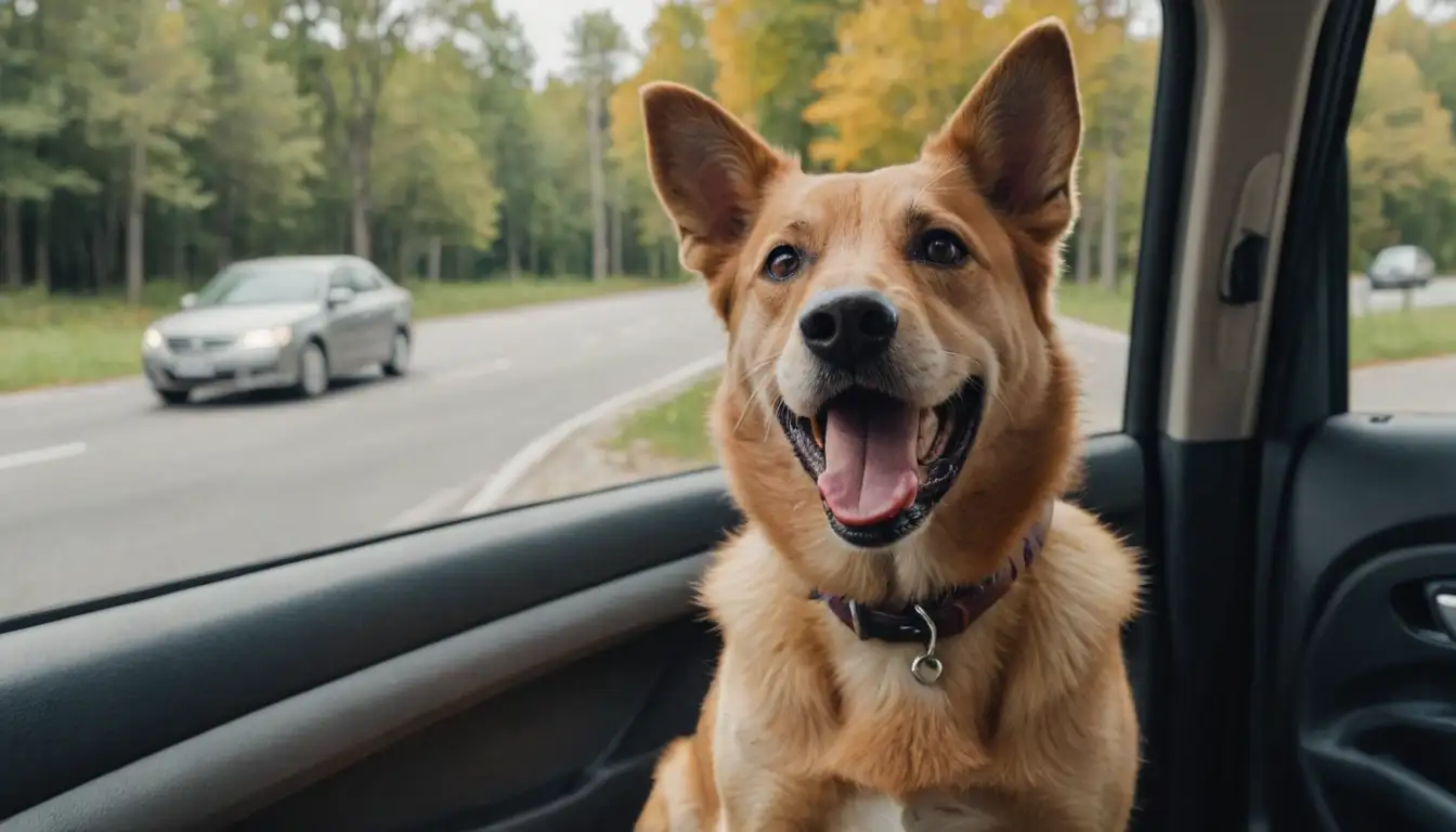 Happy dog sitting in car backseat, looking out window, ears flapping, tongue lolling, panting slightly, with a few snacks nearby, and an open car door in the background, surrounded by blurred outdoor scenery