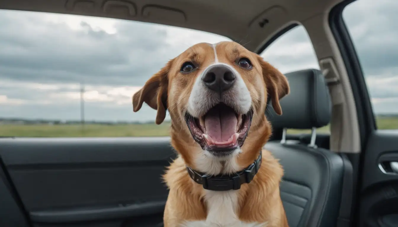 3D car interior with a happy dog, drool dripping from mouth, sitting in front seat, head thrown back, eyes wide open, ears flapping backwards, tail wagging, and a motion-sick expression, all surrounded by blurred out-of-the-car windows and a cloudy sky